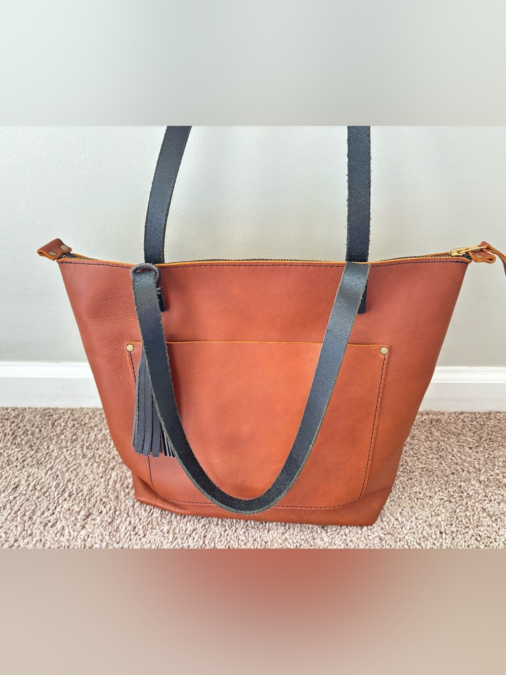 Portland Leather Medium zipper tote from 2023 Honey with Black handles/stitching